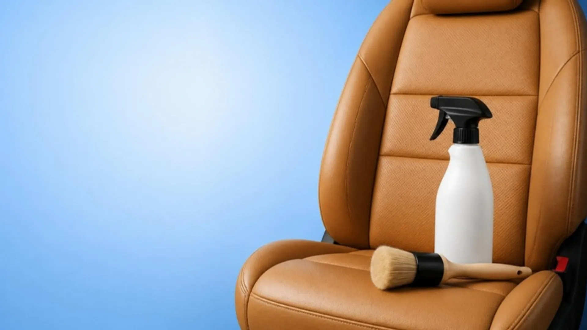 Illustration of a tan leather car seat with a spray bottle of cleaner and a soft detailing brush resting on it
