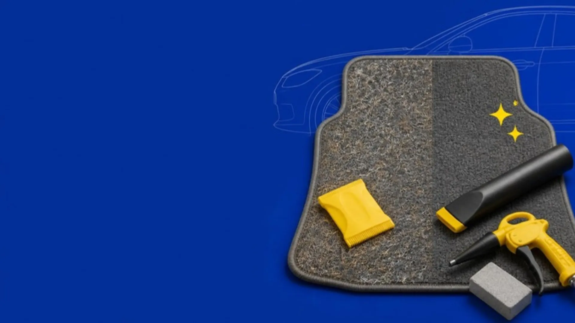 Illustration of a car floor mat that is half covered in dog hair and half clean, with a rubber scraper, a vacuum attachment, an air blow gun and a pumice stone on it