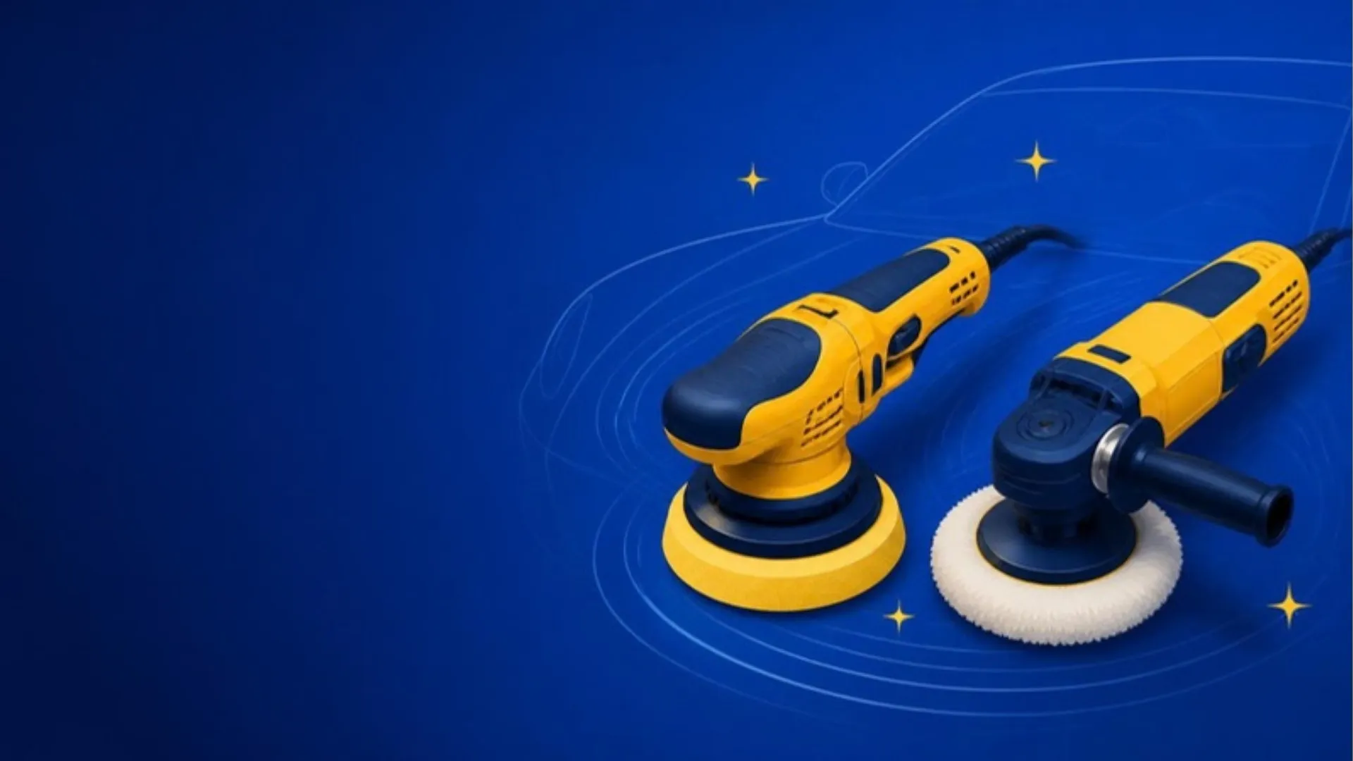 Illustration of a DA polisher with a foam pad next to a rotary polisher with a wool pad
