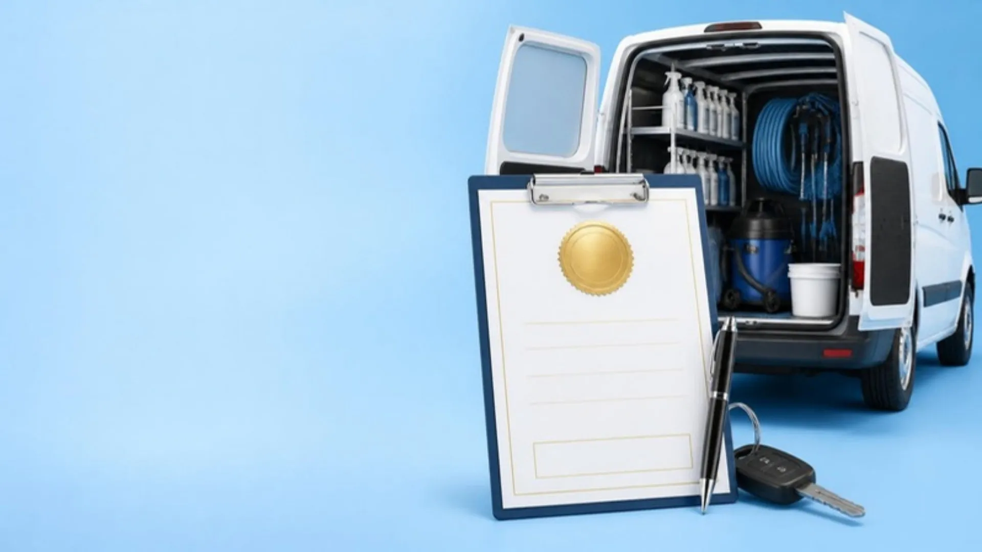 Illustration of a clipboard with a blank form, a pen and keys in front of a white work van loaded with detailing gear