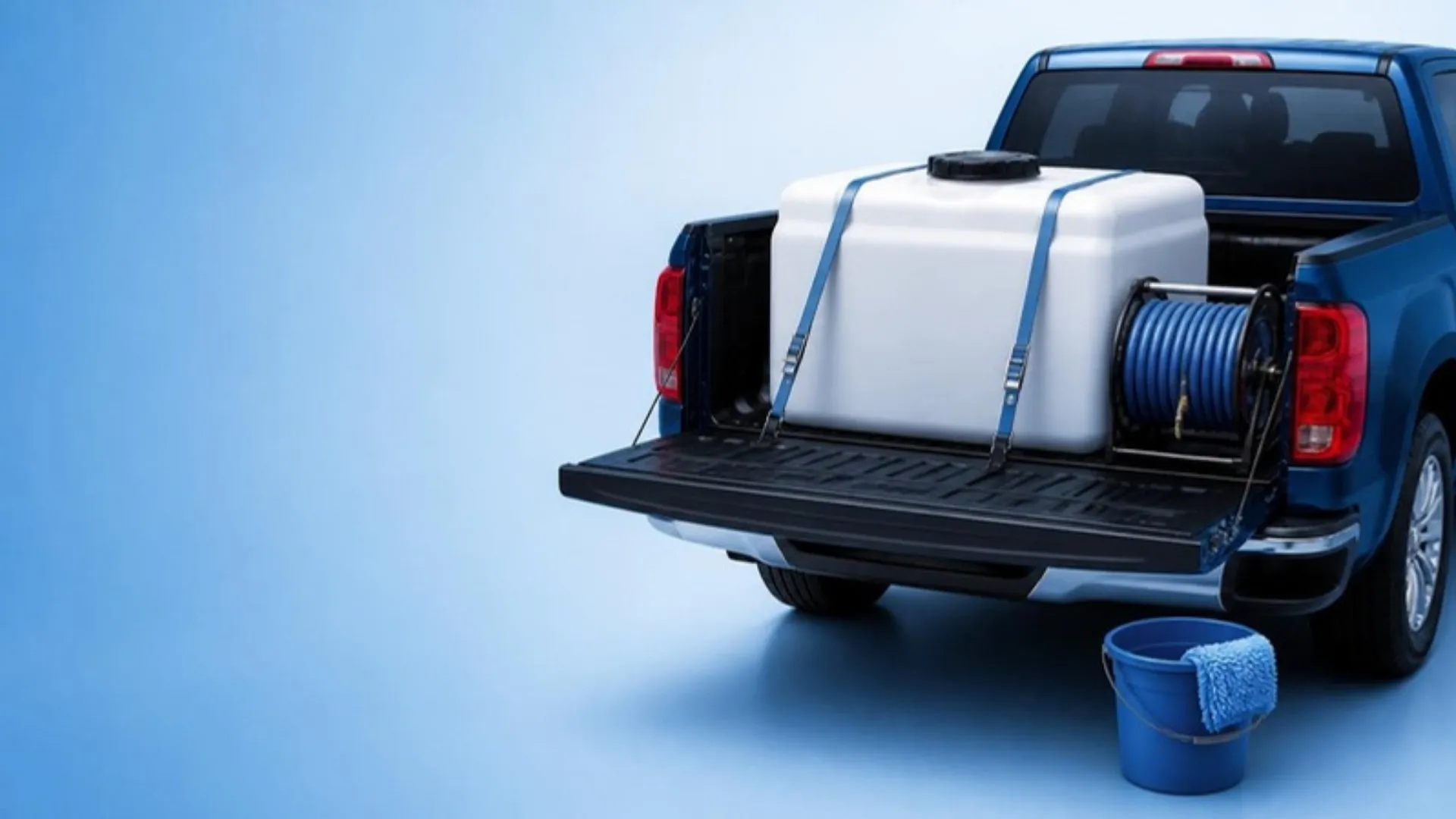 Illustration of a white water tank and a hose reel strapped in the bed of a pickup truck, with a wash bucket on the ground