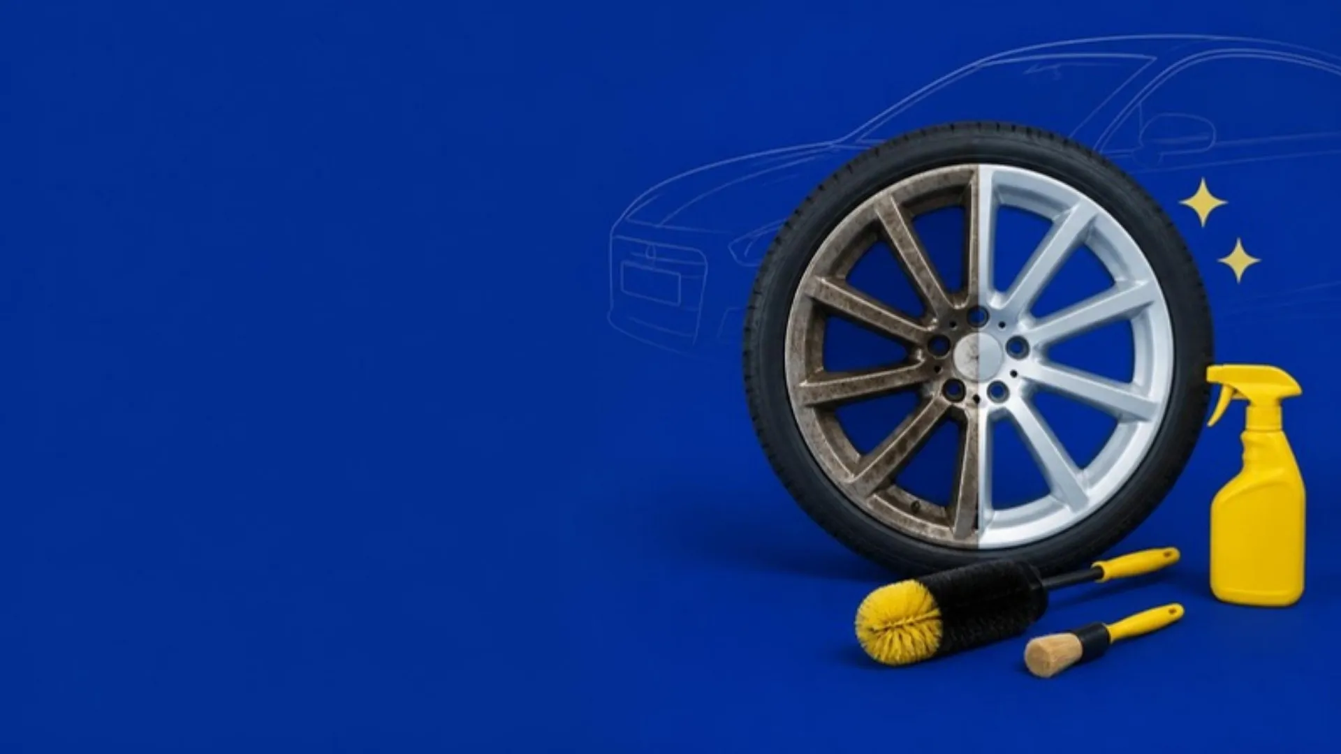 Illustration of a car wheel that is half covered in brake dust and half clean, with a spray bottle, a wheel brush and a detailing brush beside it