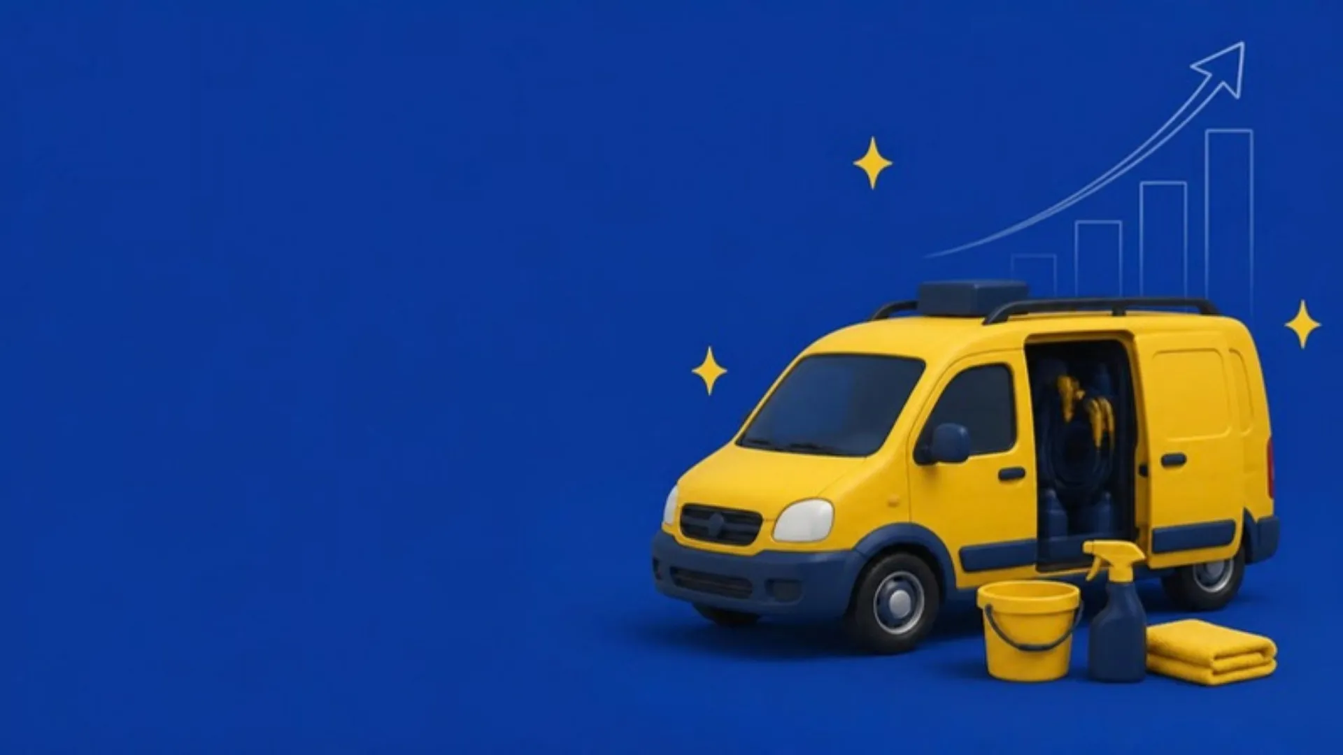 Illustration of a yellow mobile detailing van with a bucket, spray bottle and towel beside it and a rising chart behind