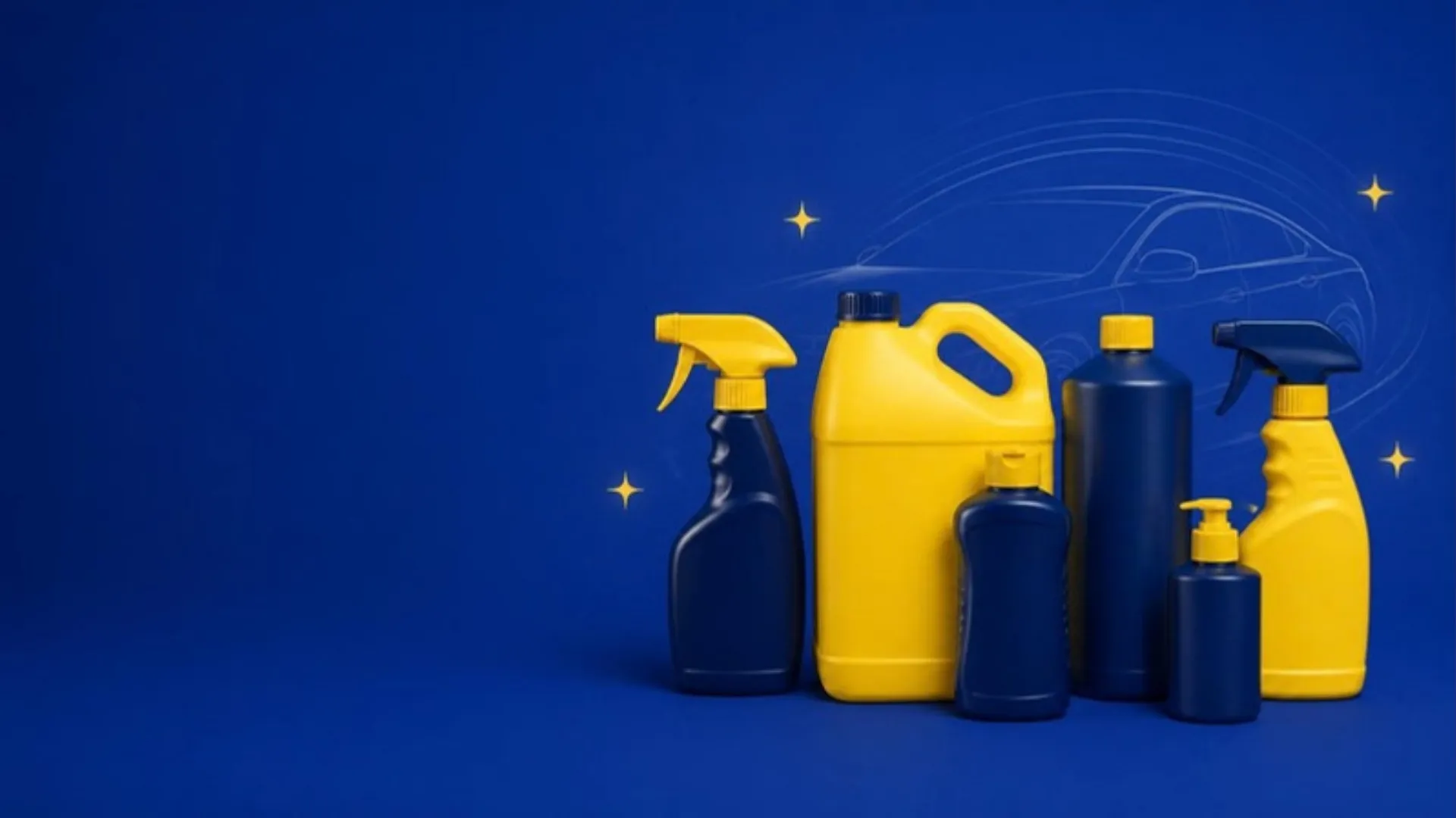 Illustration of six detailing chemical containers, including spray bottles, a gallon jug and a pump bottle