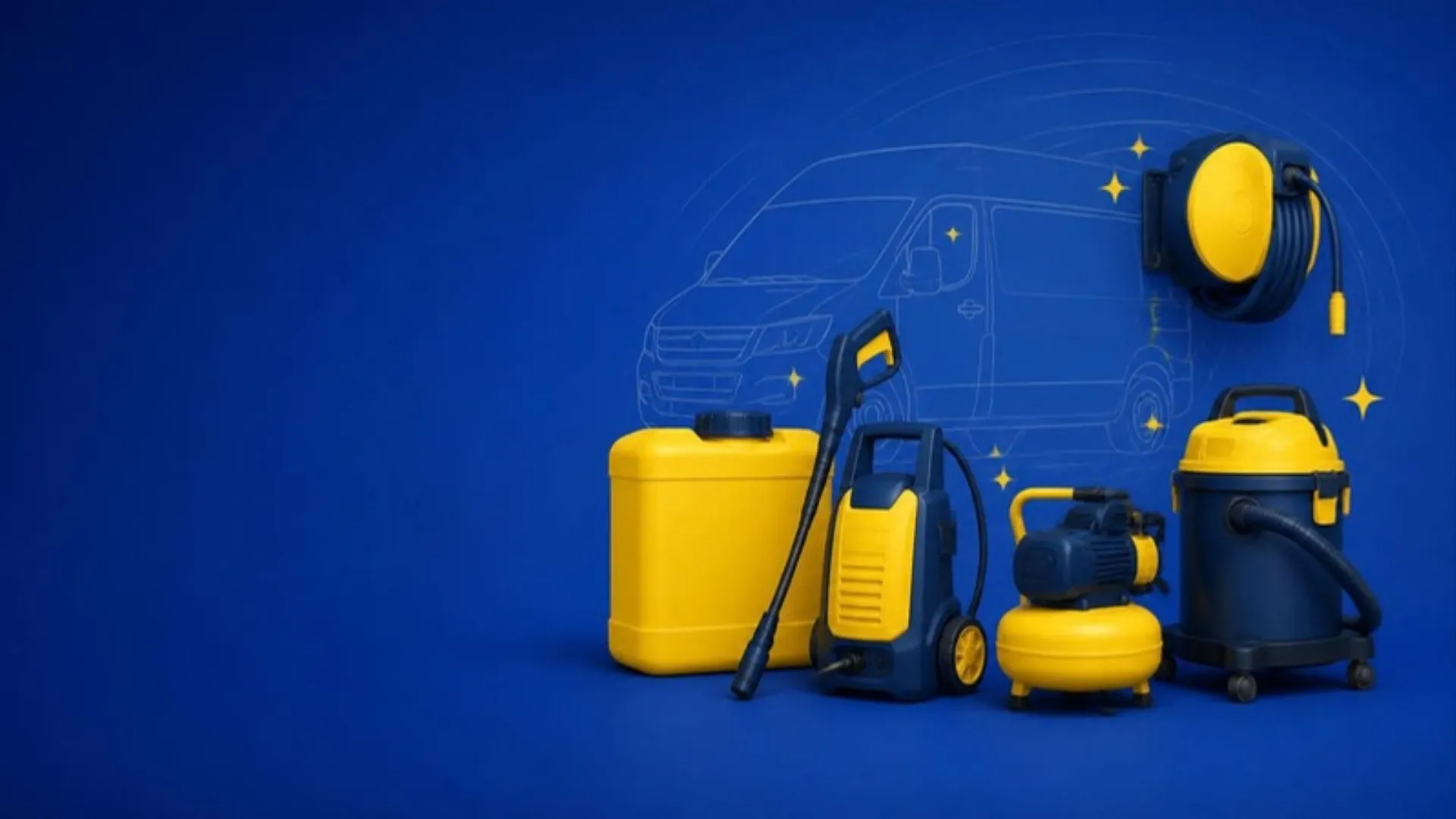 Illustration of mobile detailing equipment, with a water tank, pressure washer, air compressor, vacuum and hose reel