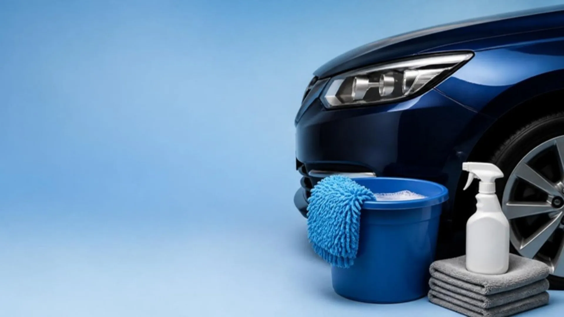 Front of a dark blue car with a wash bucket and mitt, a white spray bottle and folded gray microfiber towels beside it