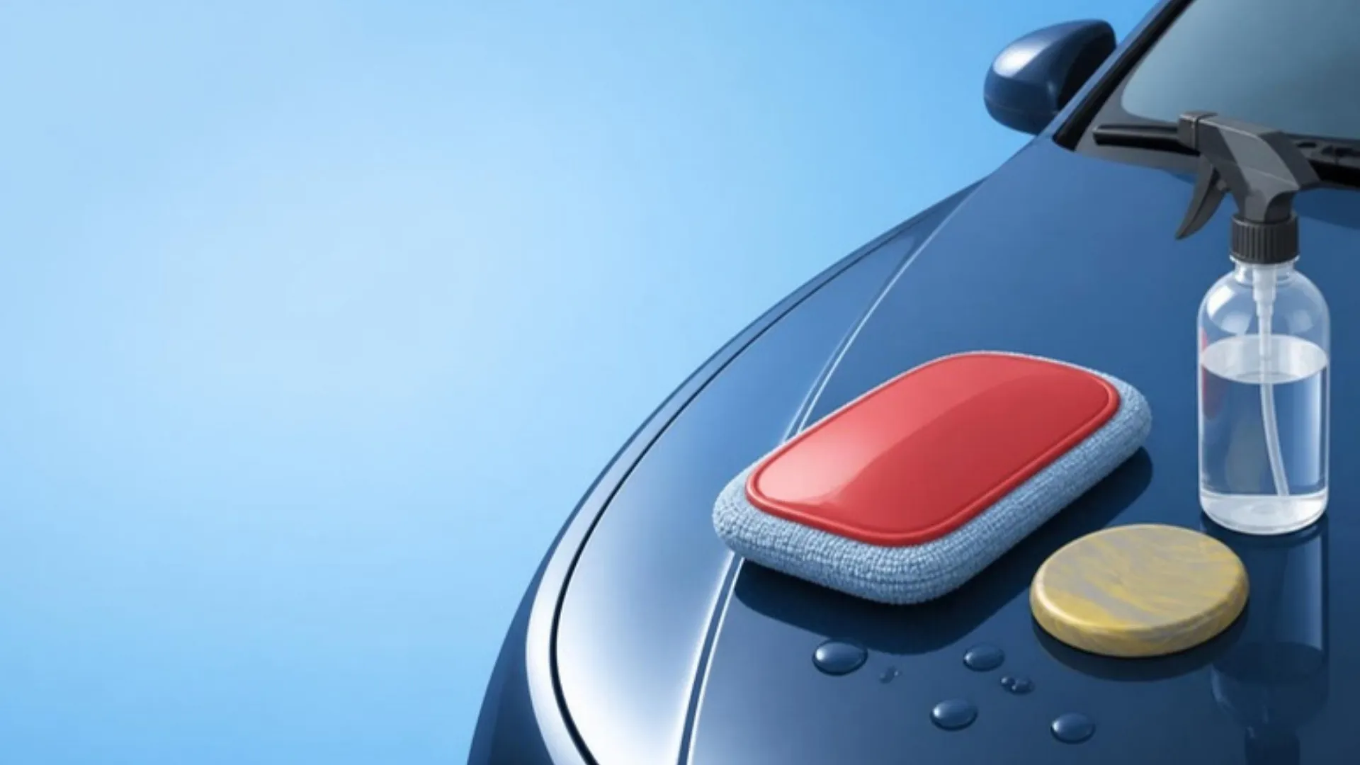 Illustration of a synthetic clay pad with a red rubber face, a clay bar and a spray bottle of clay lube on a dark blue car hood